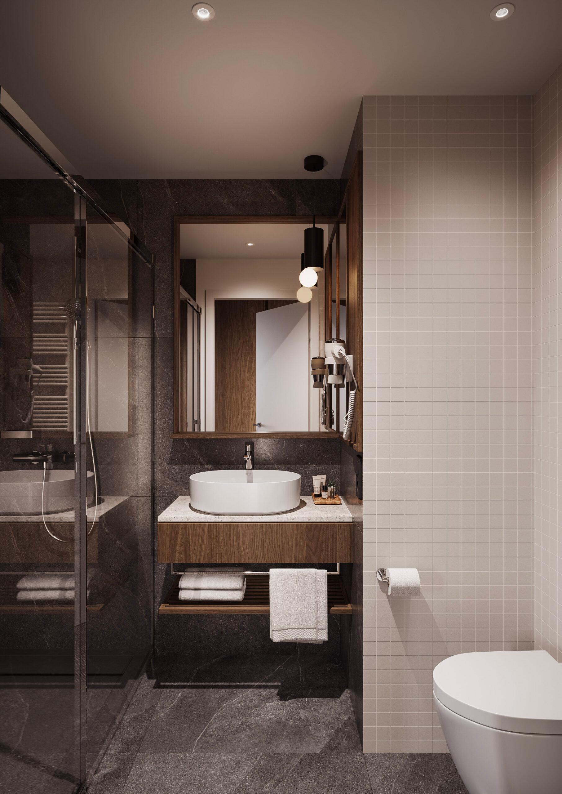 Nowoczesna łazienka w apartamencie Cristal Apartments z prysznicem i eleganckimi płytkami