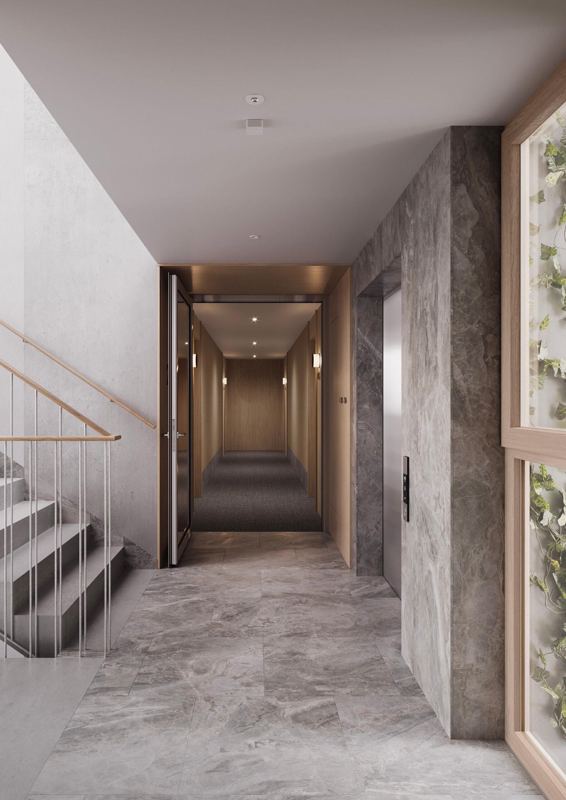 Elegancka klatka schodowa w inwestycji apartamentowej w górach