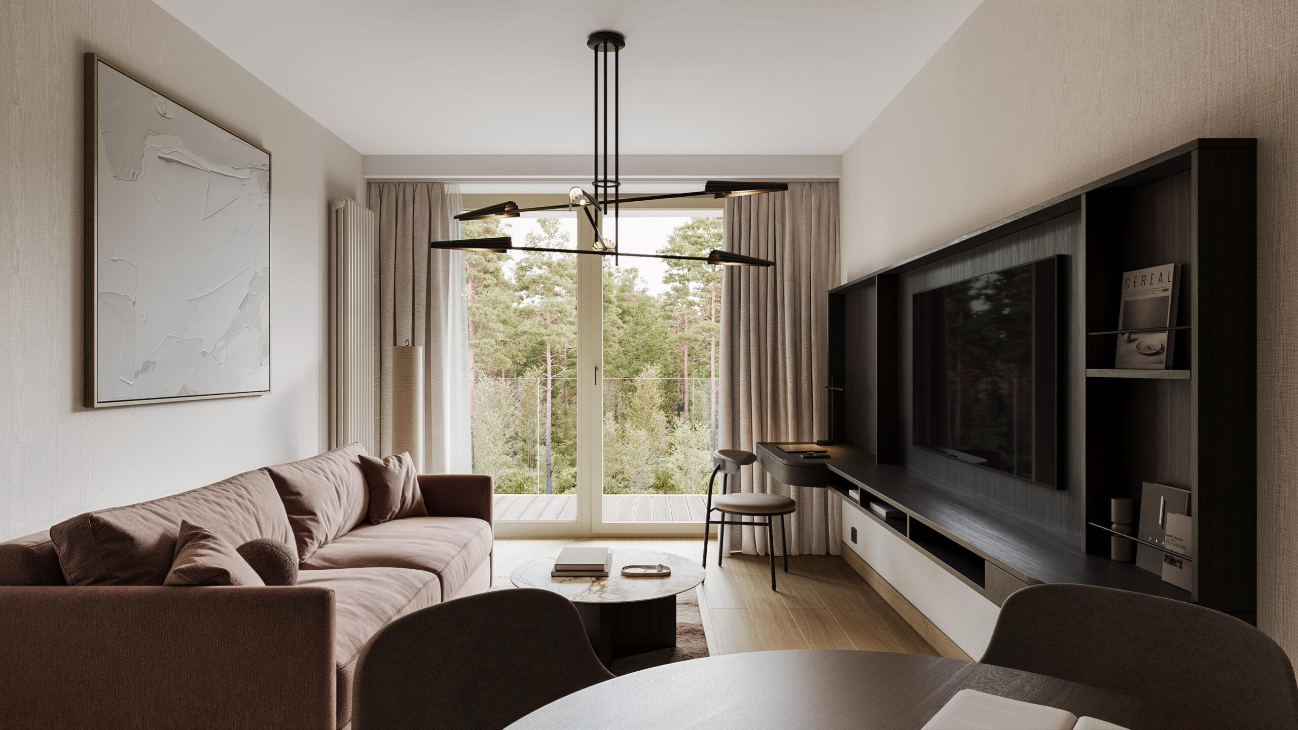 Nowoczesny salon w Baltic Park Grand Residences Świnoujście z dużymi przeszkleniami